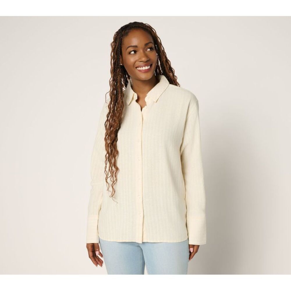 Peace Love World Women's Top Sz S Boheme Linen Blend French Cuff White A691698